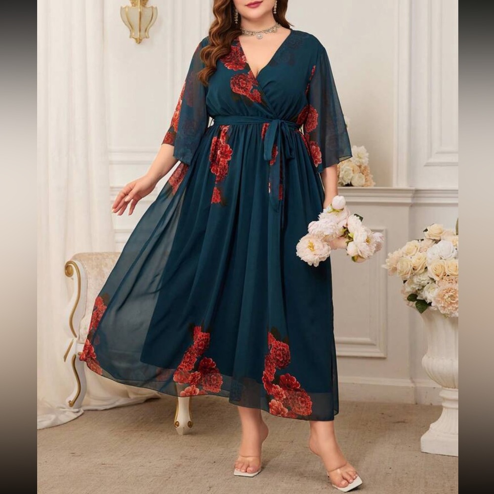 Plus size floral embroidery V neck belted dress
